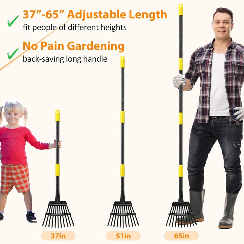 PoPoHoser Rake for Leaves - 11 Tines Heavy Duty Metal Small Narrow Leaf Rakes, Adjustable Garden Rake for Lawns Yard Flower Bed Grass Mulch Shrub Camping Gardening 65inch - Image 4